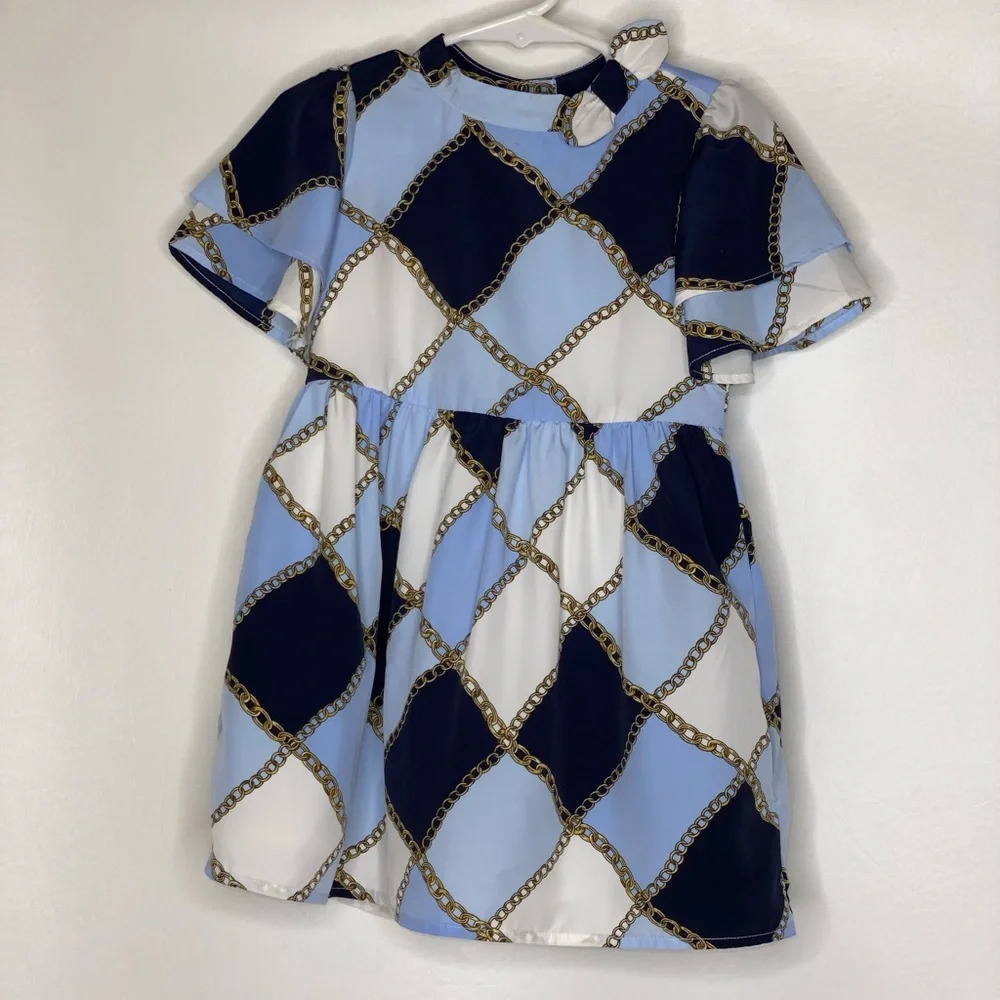 Janie and Jack girls blue white equestrian chain dress sz 2T